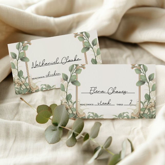 Elegante Eukalyptus- und Goldblumenhochzeit Platzkarte (Von Creator hochgeladen)