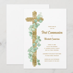 Elegante Eukalyptus- und Kreuz-Erstkommunion Einladung