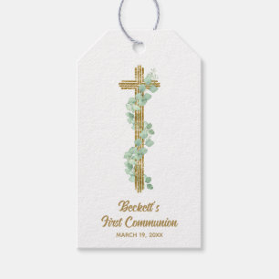 Elegante Eukalyptus- und Kreuz-Erstkommunion Geschenkanhänger