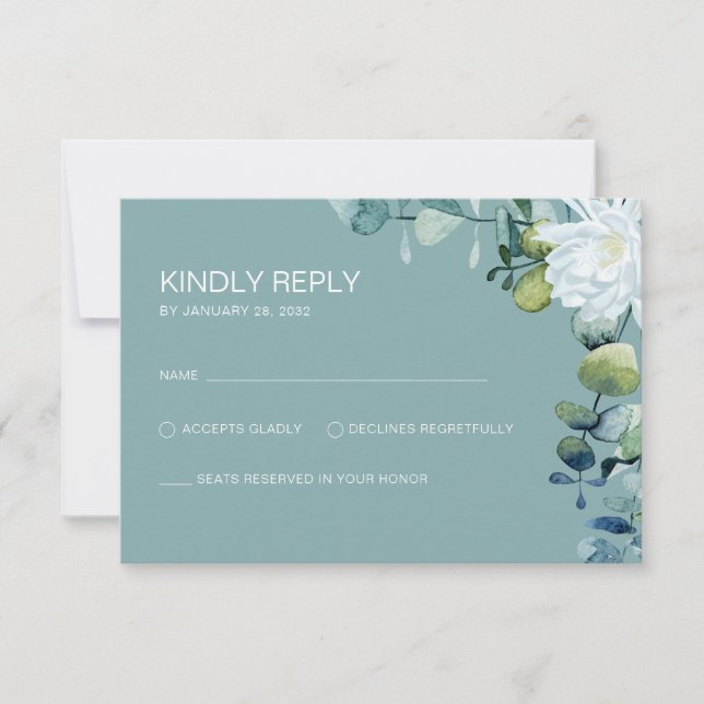 Elegante Eukalyptus-weiße Blume schick Hochzeit RSVP Karte (Vorderseite)
