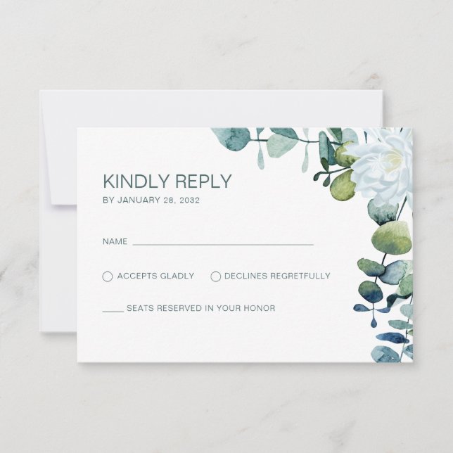 Elegante Eukalyptus-weiße Blume schick Hochzeit RSVP Karte (Vorderseite)