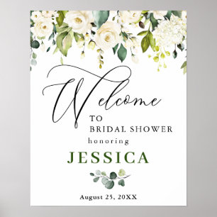 Elegante Eukalyptus Weiße Rosen Brautparty Poster