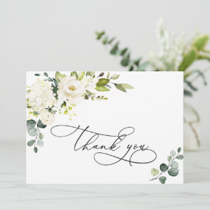 Elegante Eukalyptus Weiße Rosen Floral Dankeskarte