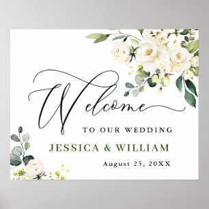 Elegante Eukalyptus Weiße Rosen Hochzeitsbegrüßung Poster