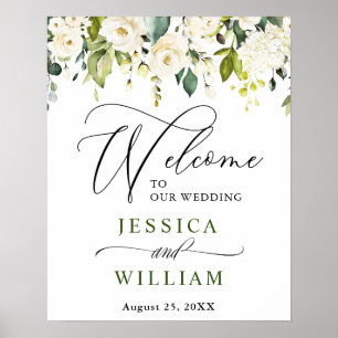 Elegante Eukalyptus Weiße Rosen Hochzeitsbegrüßung Poster