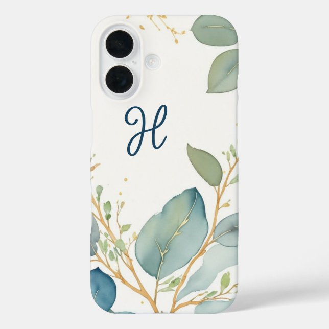Elegante Eukalyptus-Zweig-Monogramm iPhone 16 Hülle (Rückseite)