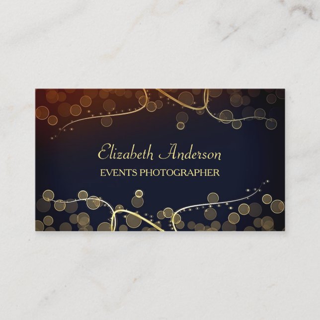 Elegante Events Fotograf Black and Gold Bokeh Visitenkarte (Vorderseite)