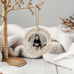 Elegante Evergreen Trees & Floral Foto Weihnachten Keramik Ornament