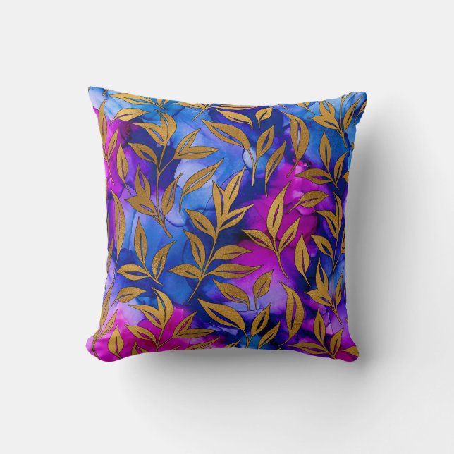 Elegante Exotic Gold Blätter Abstrakt Lila Blue Kissen (Vorderseite)