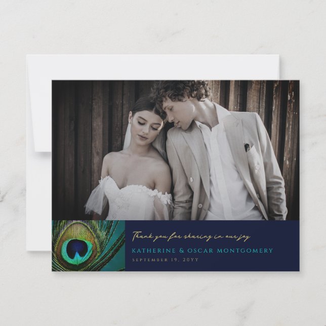 Elegante Exotic Peacock Feather Fotografy Wedding Dankeskarte (Vorderseite)
