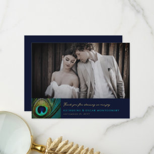 Elegante exotische Pfauenfeder Boho Hochzeitsfoto Dankeskarte
