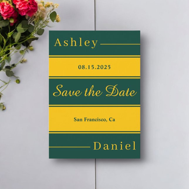 Elegante Extravagante, grüne und goldene Streifen Save The Date (Von Creator hochgeladen)