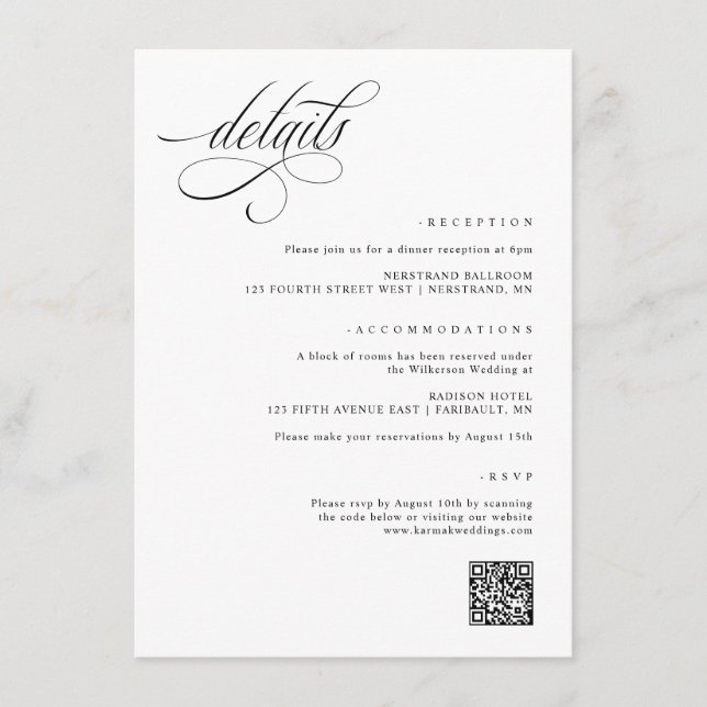 Elegante Extravagante Hochzeitdetails Begleitkarte (Vorderseite)