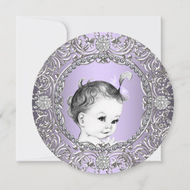 Elegante Extravagante Lila und Silver Baby Girl Du Einladung (Vorderseite)