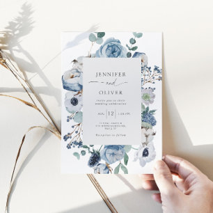 Elégante faire-part de mariage à cadre floral bleu