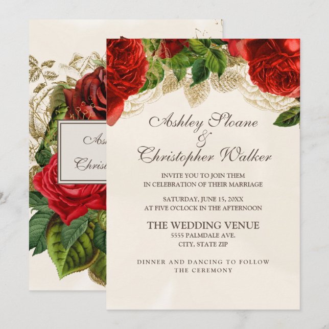 Elégante Faire-part de mariage Champagne Roses Rou (Devant / Derrière)