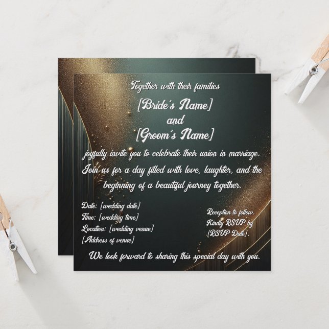 Elégante faire-part de mariage dorée turquoise (Devant/Arrière en situation)