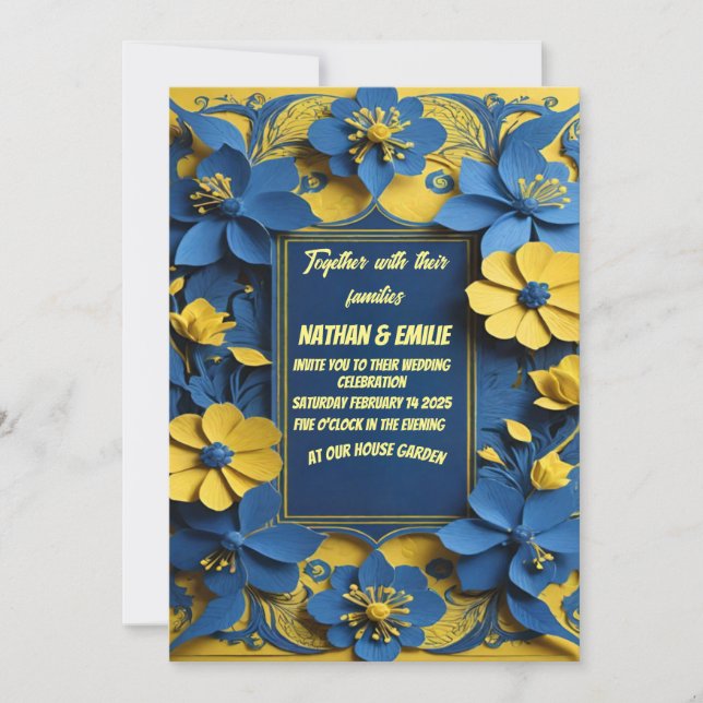 Elégante faire-part de mariage jaune et bleue (Devant)