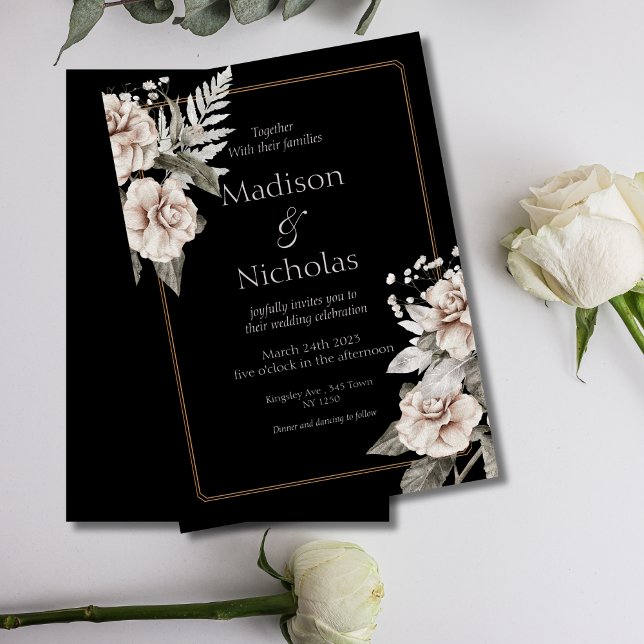 Élégante Faire-part de mariage noire Rose blanche (Elegant Black Floral Wedding Invite)