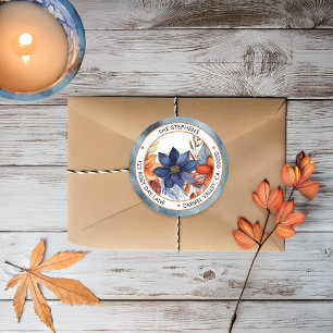 Elegante Fall Blue Floral Circle Rücksendeadresse Runder Aufkleber