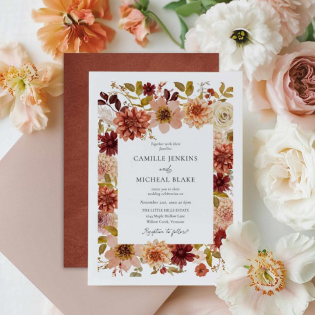 Elegante Fall Botanische Hochzeit Einladung (Elegant Fall Floral Burgundy Terracotta Wedding Invite)