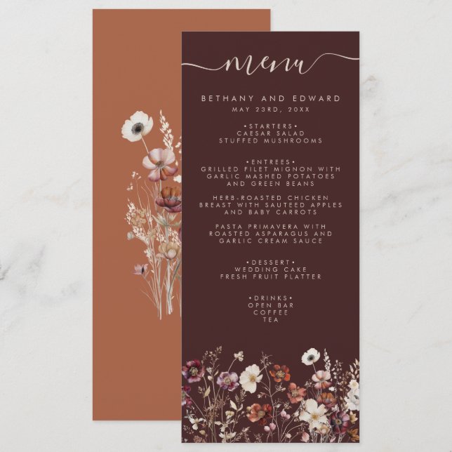 Elegante Fall Brown Floral Wedding Menükarte (Vorne/Hinten)