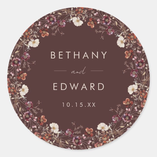 Elegante Fall Brown Floral Wedding Runder Aufkleber (Vorderseite)
