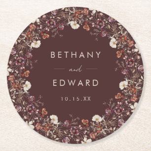 Elegante Fall Brown Floral Wedding Runder Pappuntersetzer