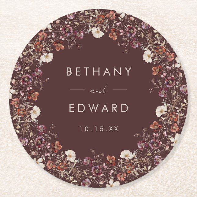 Elegante Fall Brown Floral Wedding Runder Pappuntersetzer (Vorderseite)