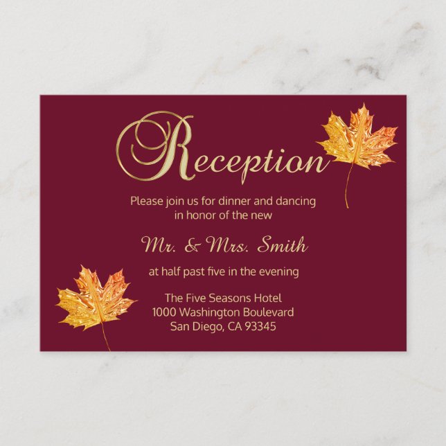 Elegante Fall Burgundy Gold Wedding RECEPTION Card Begleitkarte (Vorderseite)