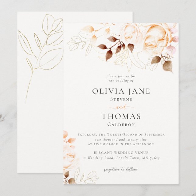 Elegante Fall Burnt Orange Floral Wedding Einladung (Vorne/Hinten)