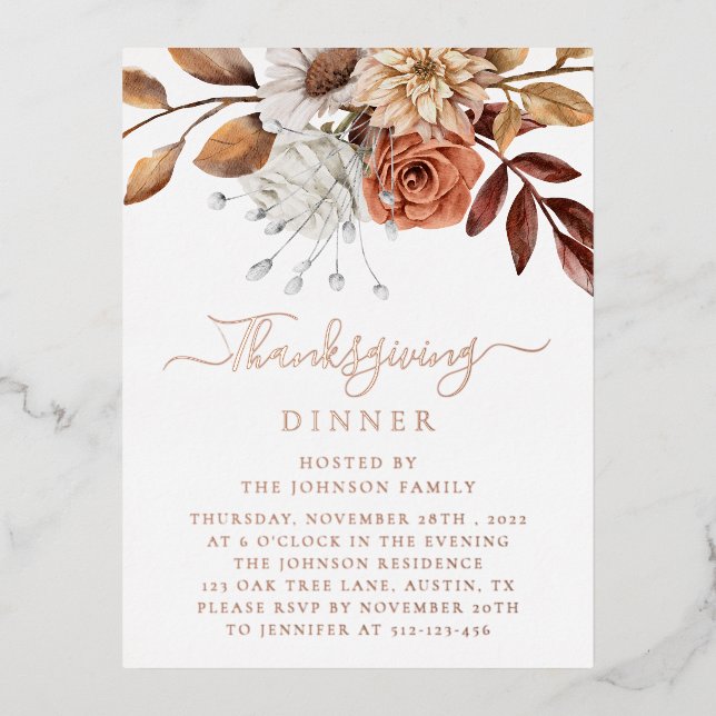 Elegante Fall Floral Blätter Erntedank Rose Gold Folie Einladungspostkarte (Vorderseite)