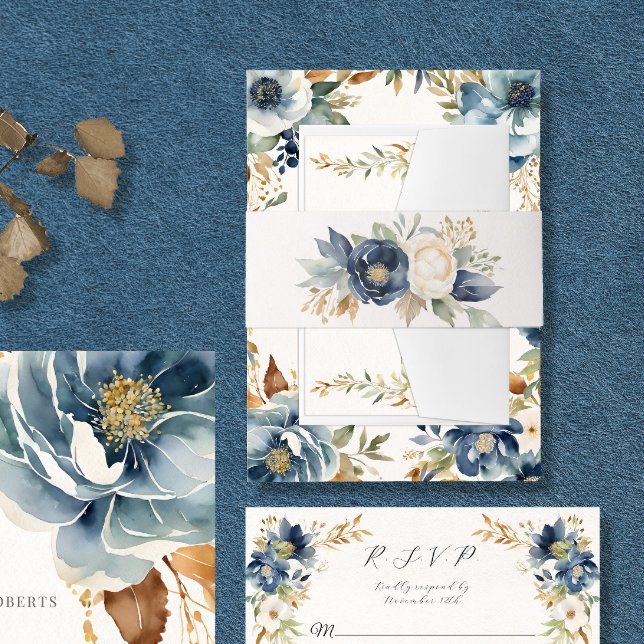 Elegante Fall Floral Blue Ivory Wasserfarbenhochze Einladungsbanderole (Von Creator hochgeladen)