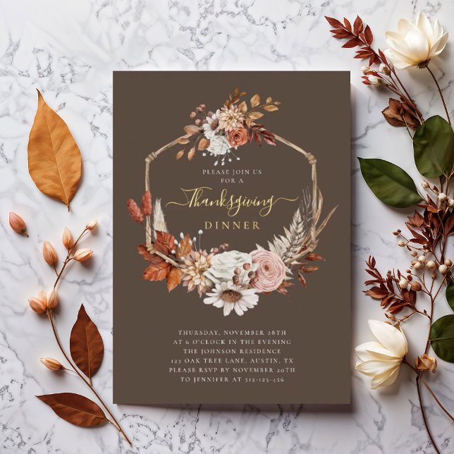 Elegante Fall Floral Erntedank Abendessen Folieneinladung (Elegant Fall Floral Thanksgiving Dinner Foil Invitation)