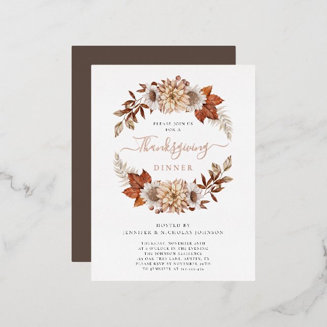 Elegante Fall Floral Erntedank Dinner Gold Folie Einladungspostkarte (Vorderseite/Rückseite)