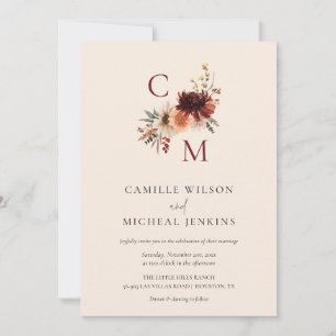 Elegante Fall Floral Monogram Wedding Einladung
