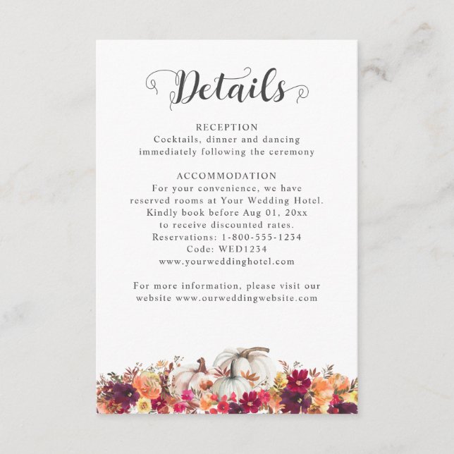 Elegante Fall Floral Pumpkin Hochzeit Details Begleitkarte (Vorderseite)