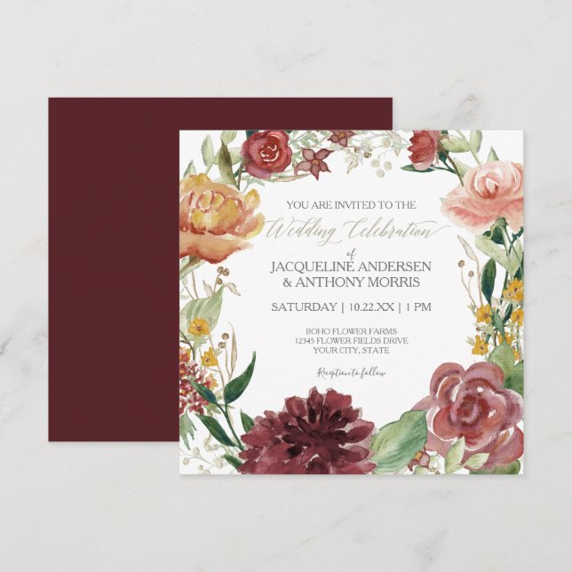 Elegante Fall Floral Wedding Burgundy Blush Rose Einladung (Vorne/Hinten)