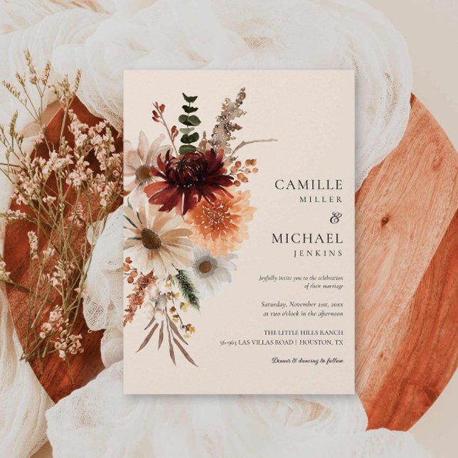 Elegante Fall Floral Wedding Einladung (Burgundy Wildflower Wedding Invitation)