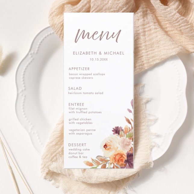 Elegante Fall Floral Wedding Menu Card Menükarte (Von Creator hochgeladen)