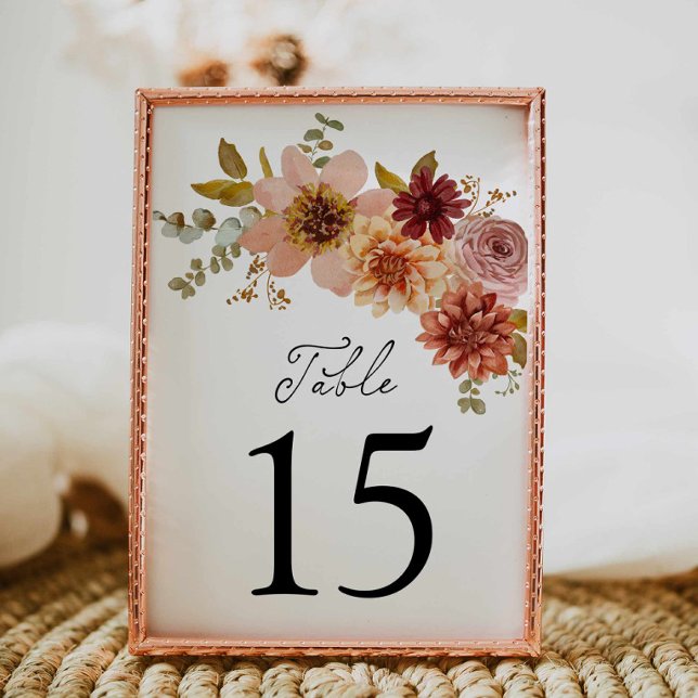 Elegante Fall Floral Wedding Tischnummer Sign (Fall Autumn Floral Rustic Wedding Table Number Card)