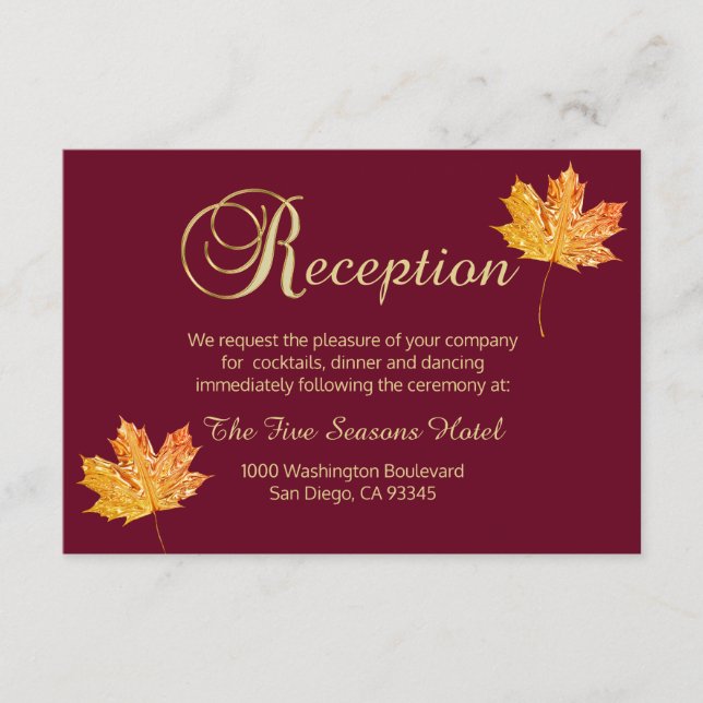Elegante Fall-Herbst-Burgunder-Gold-EMPFANG Karte (Vorderseite)