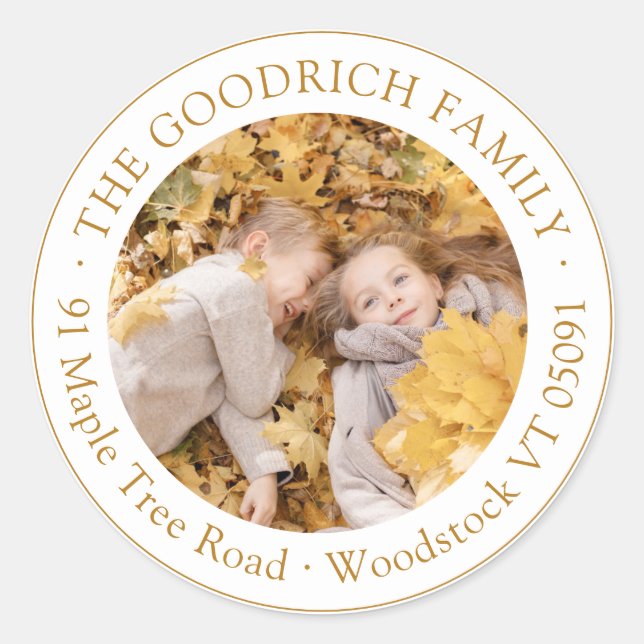Elegante Fall Ochre Border Foto Rücksendeadresse Runder Aufkleber (Vorderseite)