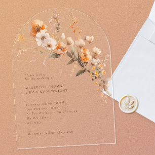 Elegante Fall Orange & Brown Wildblumen Hochzeit Acryleinladungen