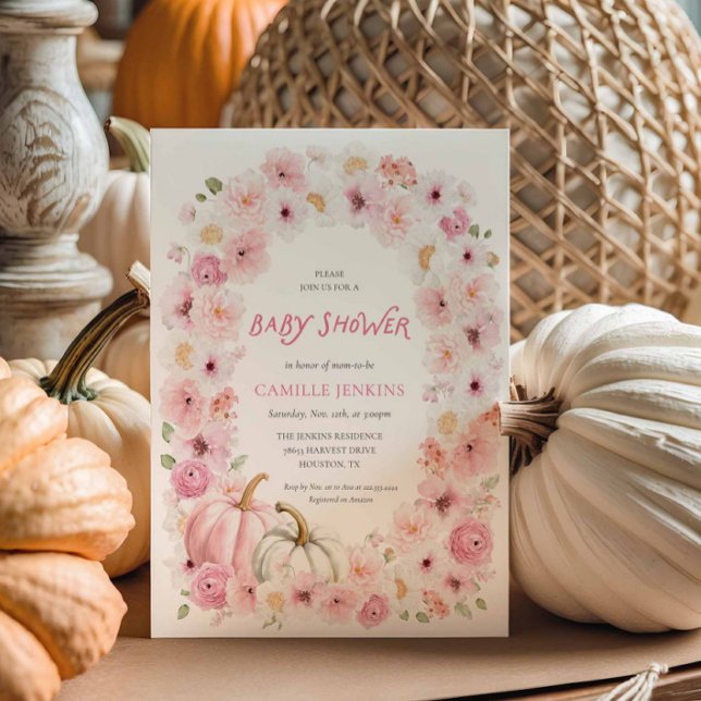 Elegante Fall Pink Pumpkin Floral Girl Babydusche Einladung (Pink Pumpkin Floral Fall Girl Baby Shower Invite)