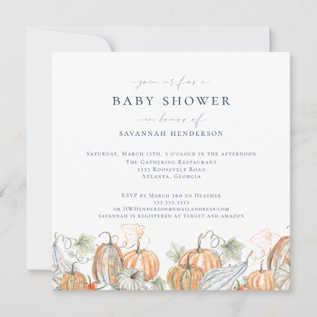 Elegante Fall Watercolor Pumpkin Baby Shower Einladung (Vorderseite)