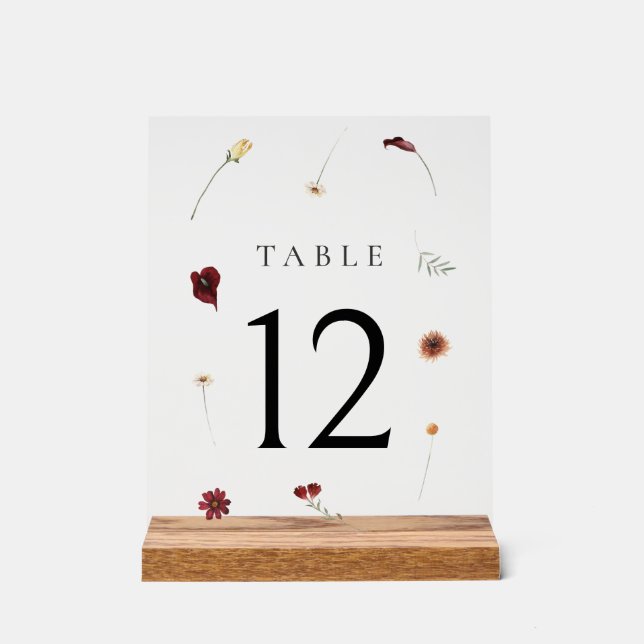 Elegante Fall Wildblume Hochzeit Tischnummer #12 Acrylschild (Vorderseite)