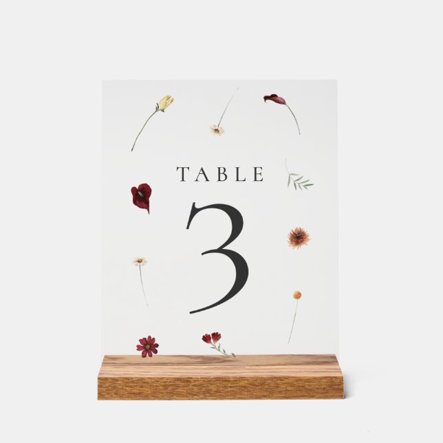 Elegante Fall Wildblume Hochzeit Tischnummer 3 Acrylschild (Vorderseite)