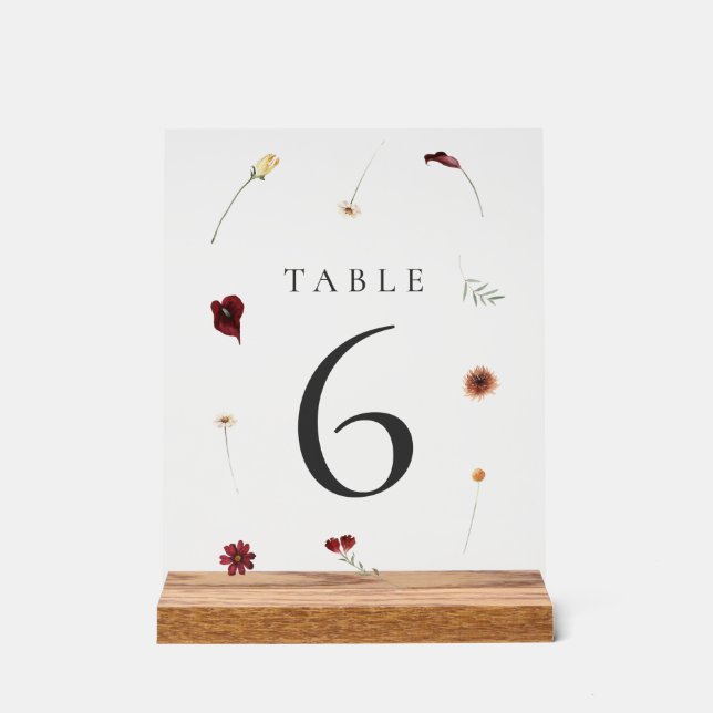 Elegante Fall Wildblume Hochzeit Tischnummer #6 Acrylschild (Vorderseite)