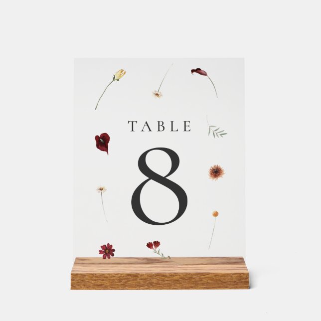 Elegante Fall Wildblume Hochzeit Tischnummer #8 Acrylschild (Vorderseite)